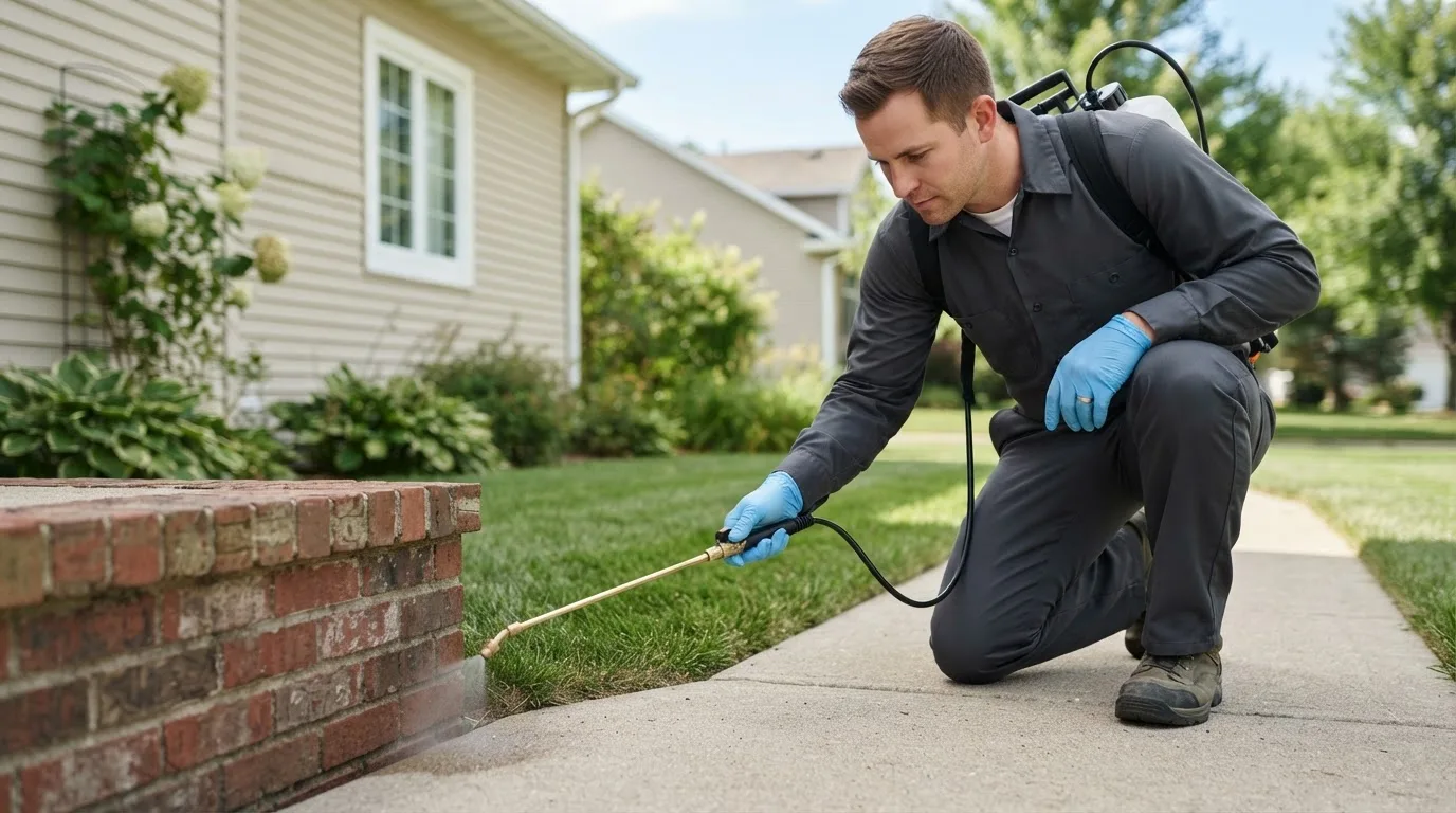 Pest control technician treating a home near Holloway, MN